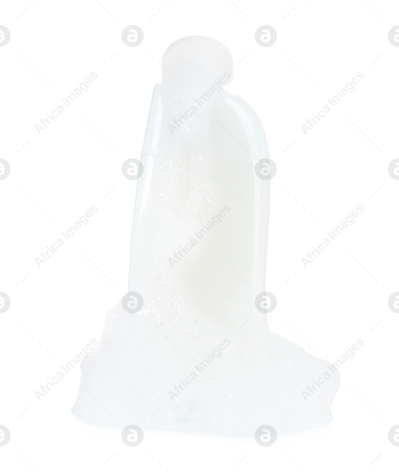 Photo of Bottle of bubble bath with foam isolated on white