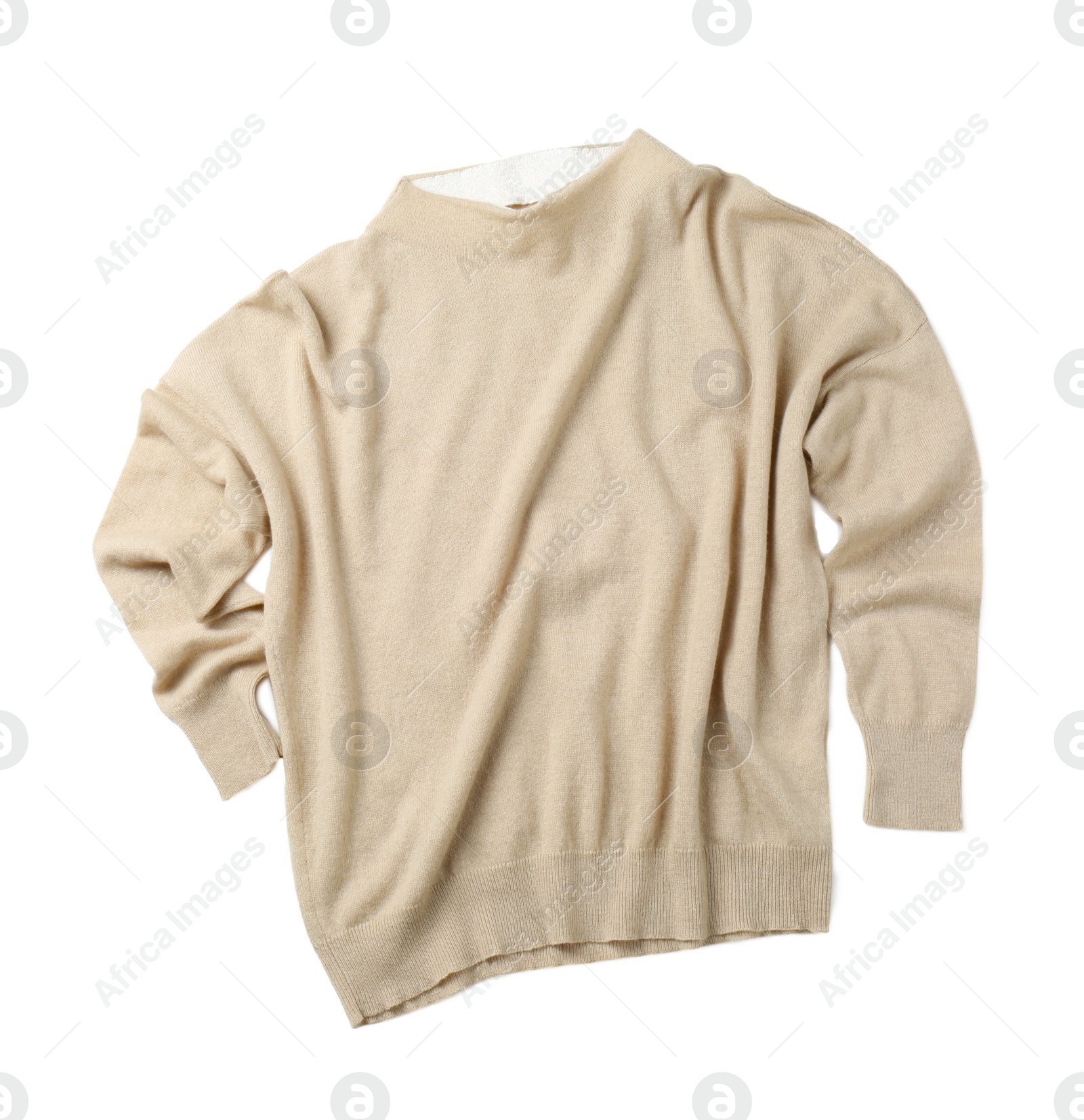Photo of Cashmere sweater on white background, top view