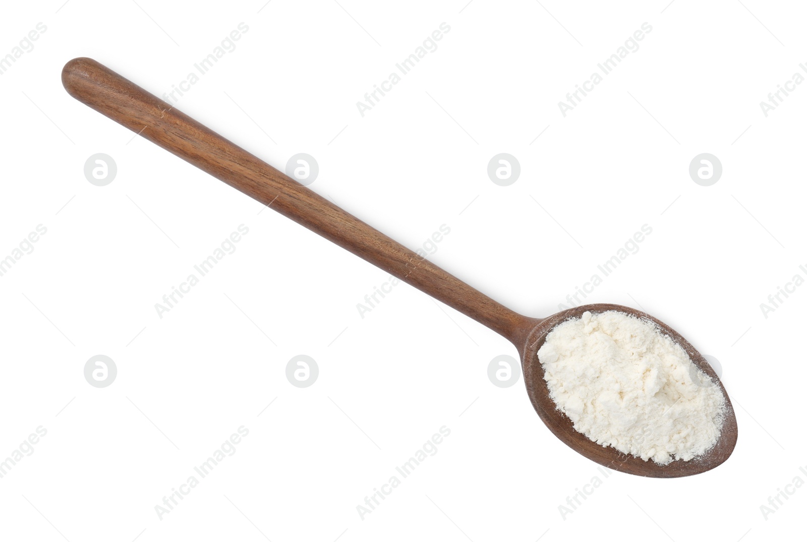 Photo of Baking powder in spoon isolated on white, top view