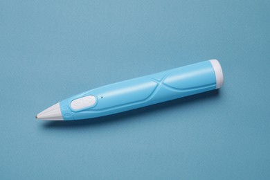 Stylish 3D pen on light blue background, top view