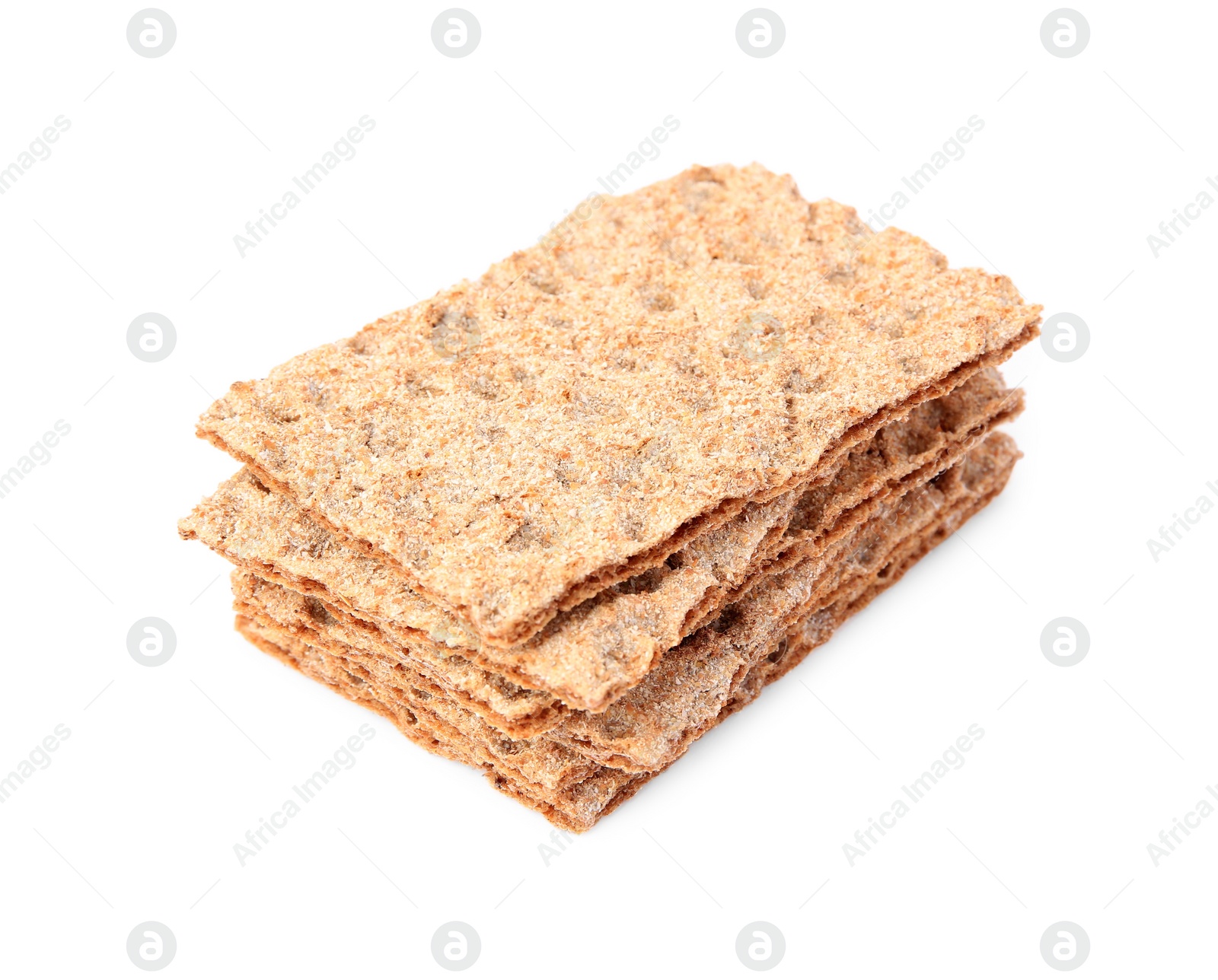 Photo of Stack of fresh crunchy crispbreads on white background. Healthy snack