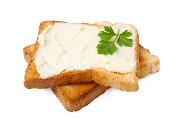 Photo of Toasts with butter and fresh parsley isolated on white