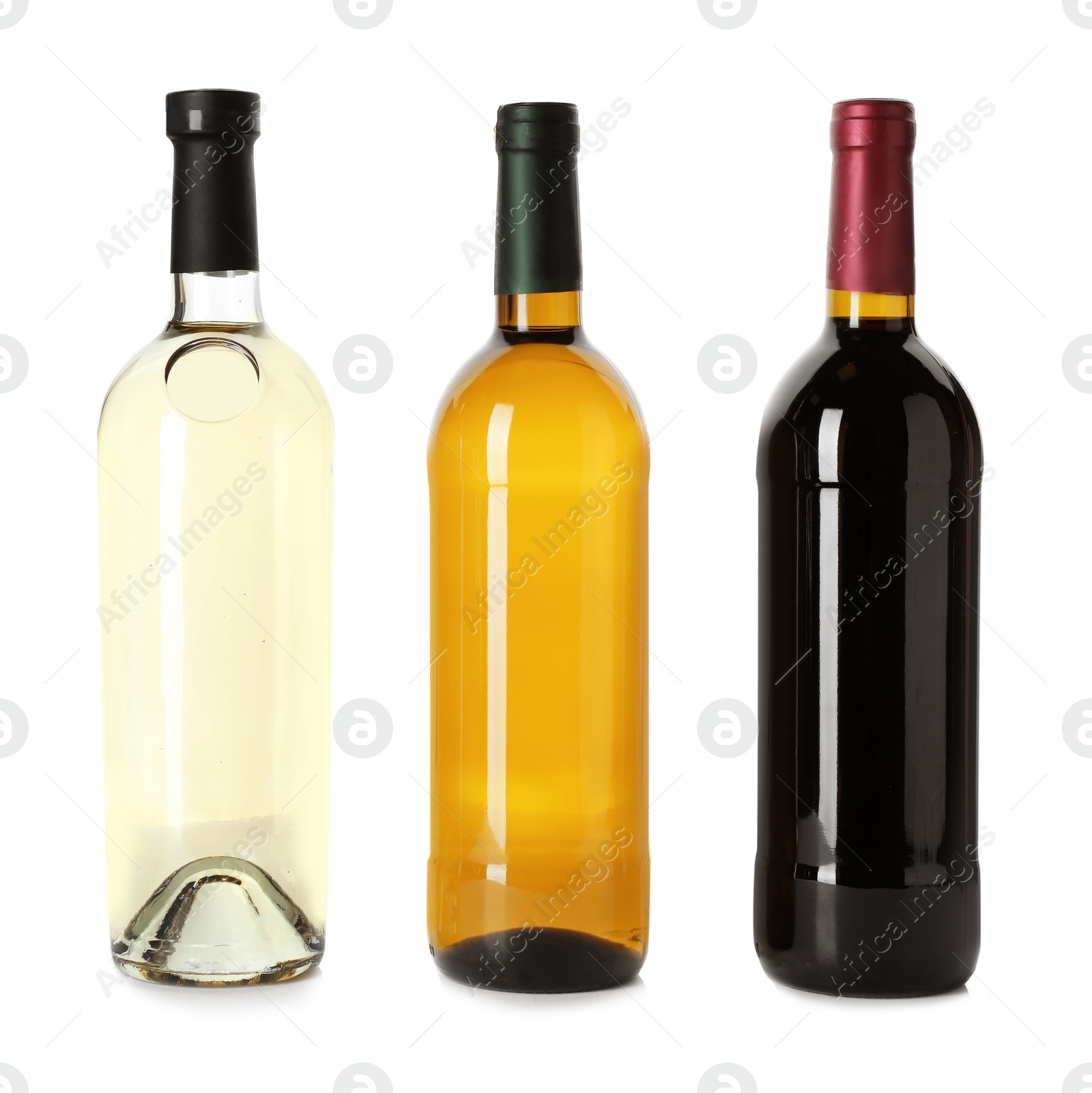 Photo of Bottle with different types of wine on white background