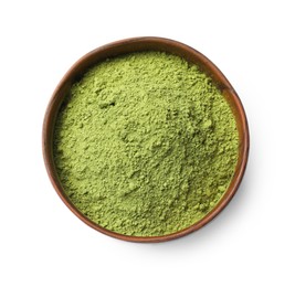 Photo of Green matcha powder in bowl isolated on white, top view