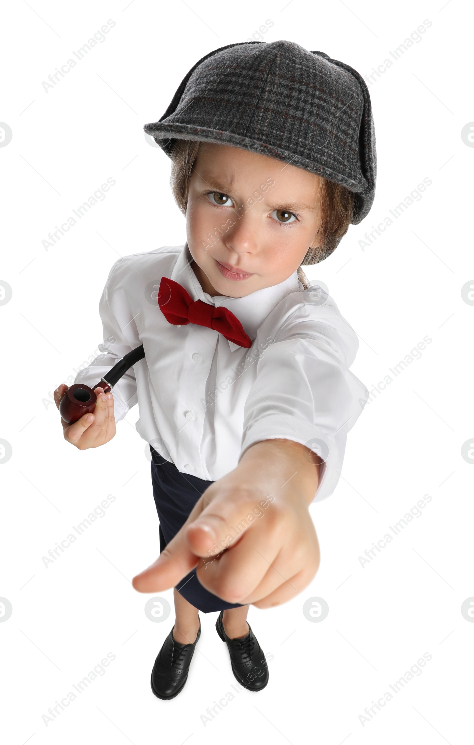 Photo of Cute little child in hat with smoking pipe playing detective on white background, above view