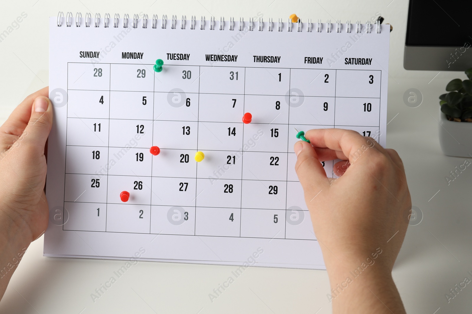 Photo of Timetable. Man marking date in calendar with drawing pins at white table, closeup