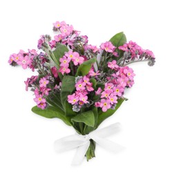 Photo of Bouquet of beautiful pink Forget-me-not flowers on white background, top view