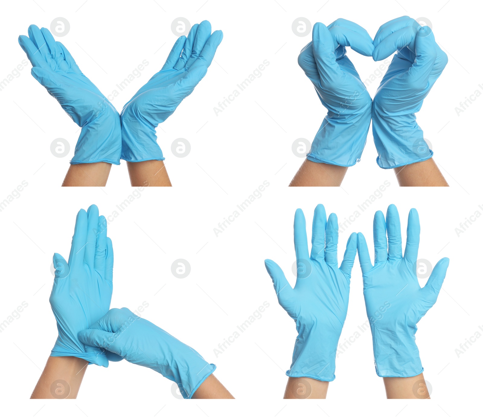 Image of Collage with photos of woman wearing medical gloves on white background, closeup