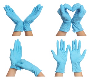 Image of Collage with photos of woman wearing medical gloves on white background, closeup