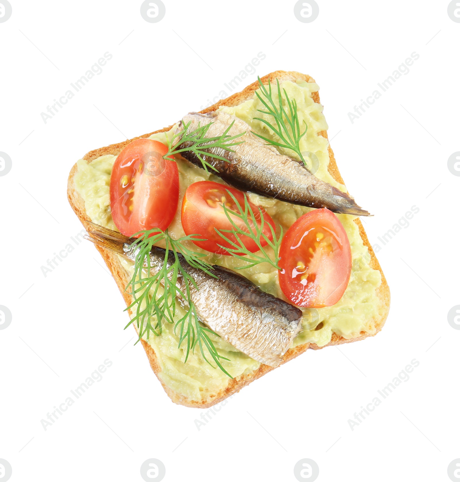 Delicious sandwich with sprats, tomatoes, dill and avocado puree isolated on white, top view Photo of Delicious sandwich with sprats, tomatoes, dill and avocado puree isolated on white, top view