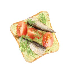 Photo of Delicious sandwich with sprats, tomatoes, dill and avocado puree isolated on white, top view
