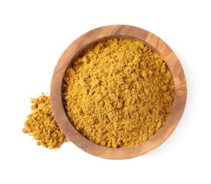 Dry curry powder in bowl isolated on white, top view