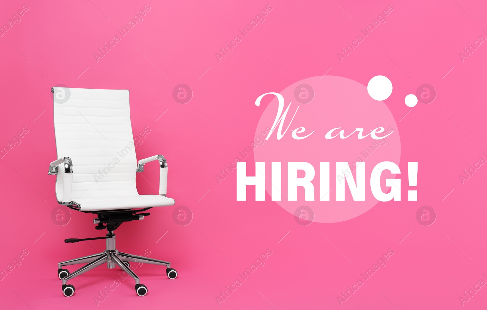 Image of Office chair and text WE`RE HIRING on pink background