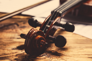 Beautiful classic violin, closeup view. Musical instrument