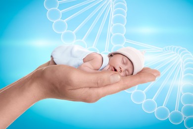 Image of Noninvasive prenatal testing (NIPT). Woman holding sleeping baby on light blue background, closeup. Illustration of DNA structure
