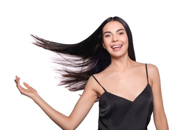 Portrait of beautiful young woman with healthy strong hair on white background