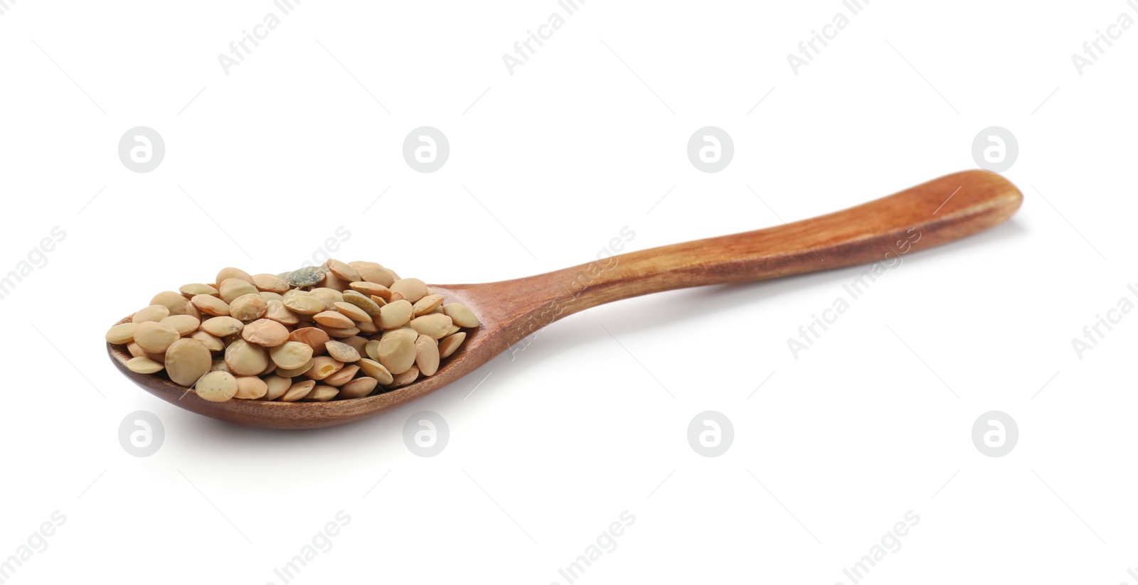 Photo of Spoon with raw lentils isolated on white