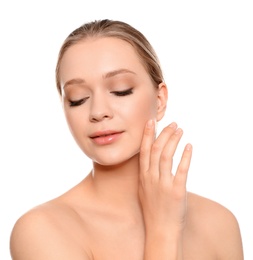 Portrait of young woman with beautiful face on white background