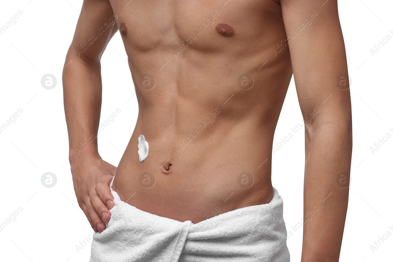 Photo of Man with moisturizing cream on his body against white background, closeup