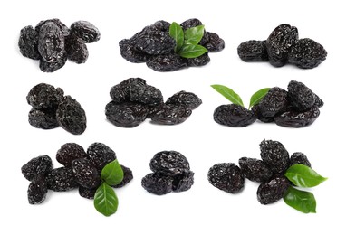 Image of Set with sweet dried prunes on white background