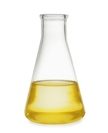 Conical flask with yellow liquid isolated on white