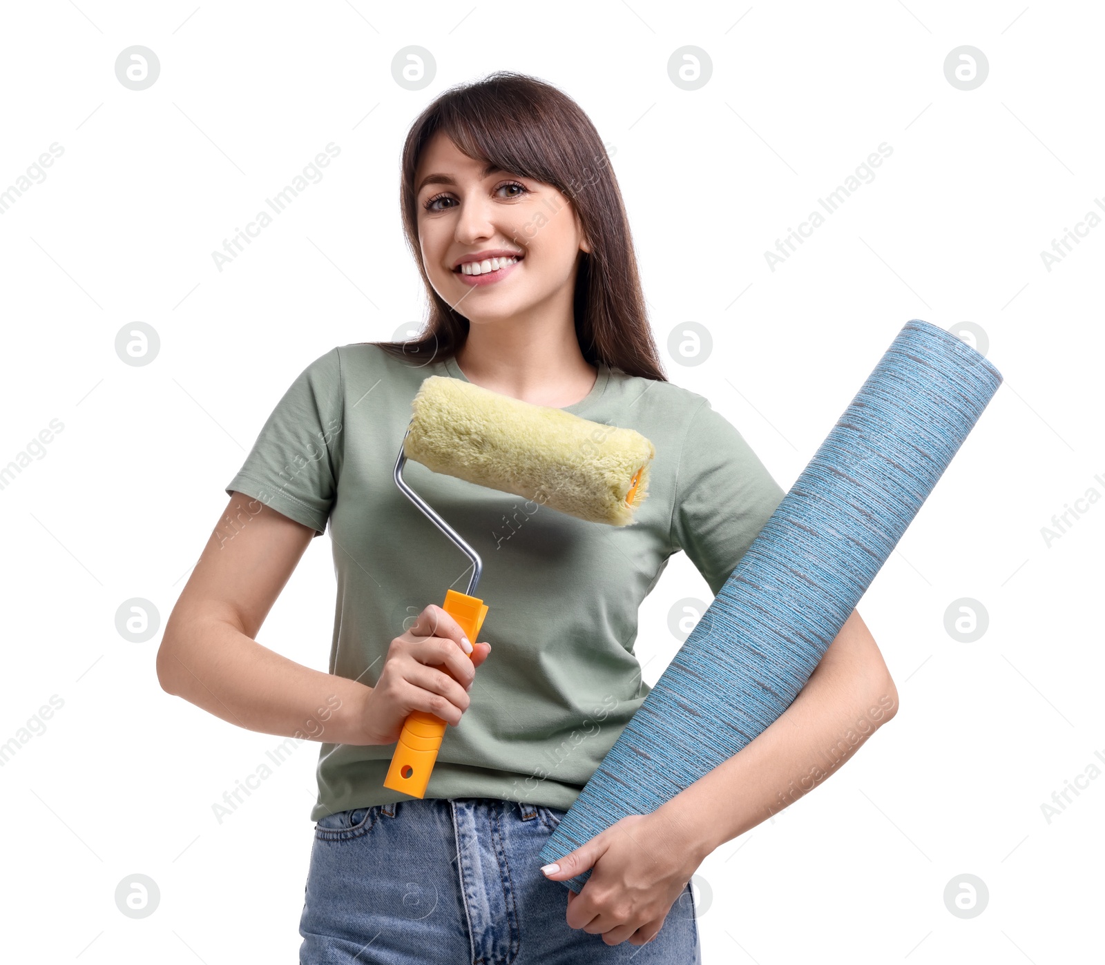 Photo of Beautiful woman with wallpaper roll and brush on white background