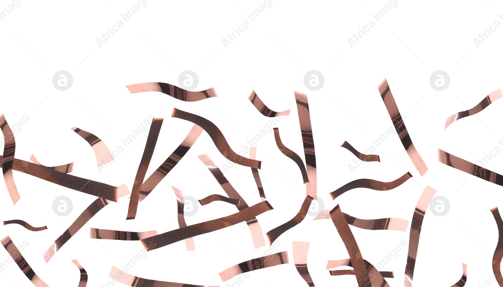 Image of Shiny bronze confetti falling on white background