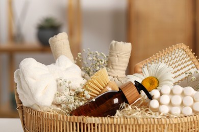 Photo of Spa gift set with different products in bathroom, closeup
