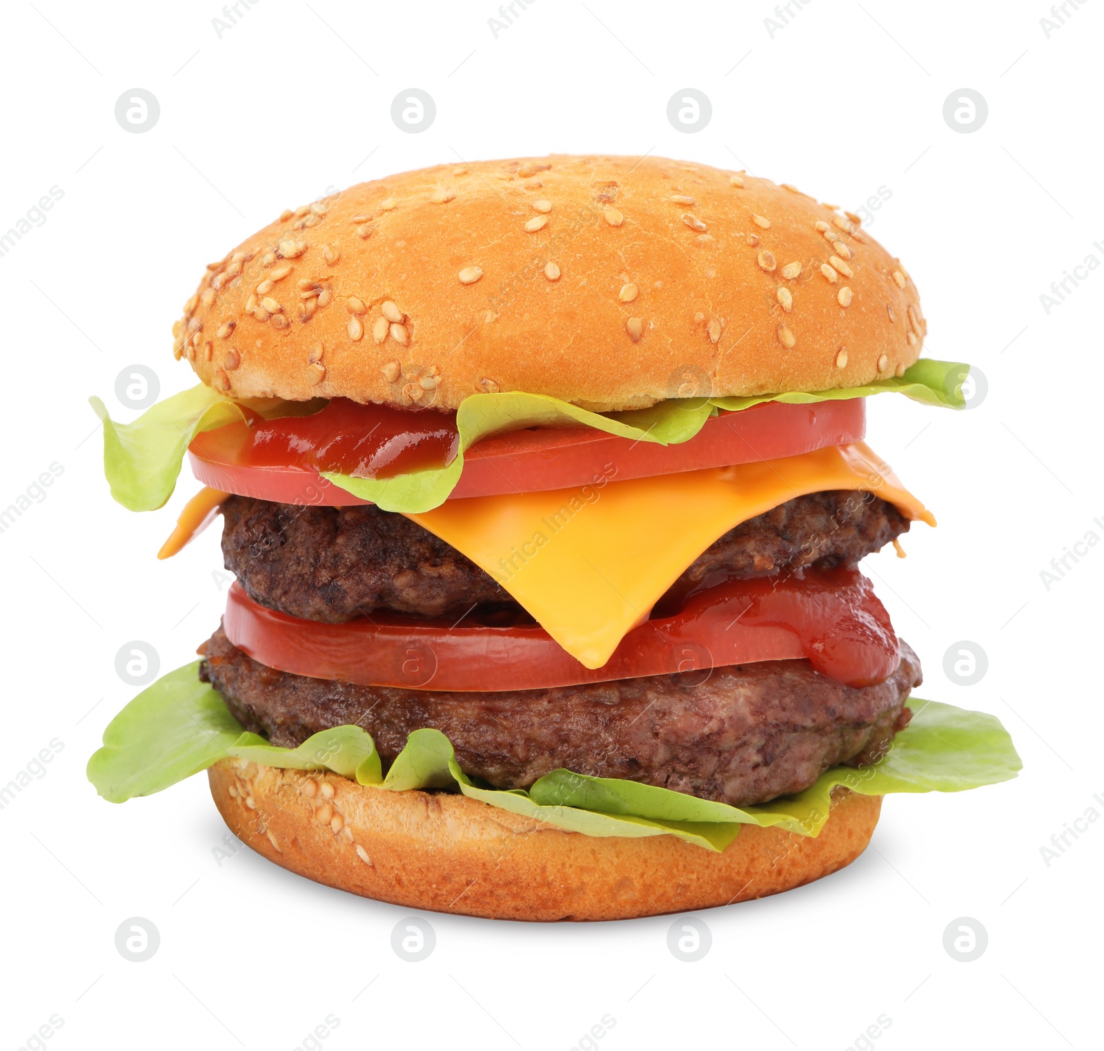 Photo of Tasty cheeseburger with patties and tomato isolated on white