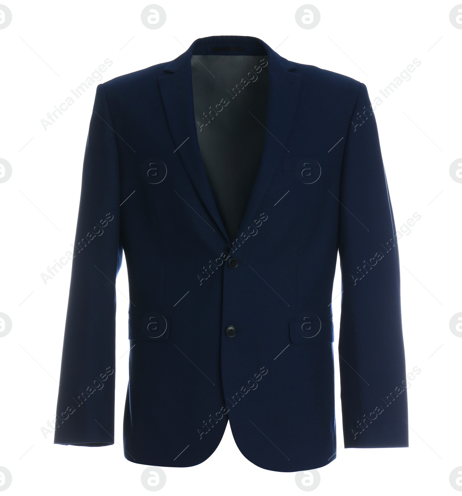 Photo of Stylish suit jacket on mannequin against white background. Men's clothes