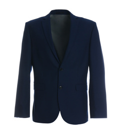 Stylish suit jacket on mannequin against white background. Men's clothes