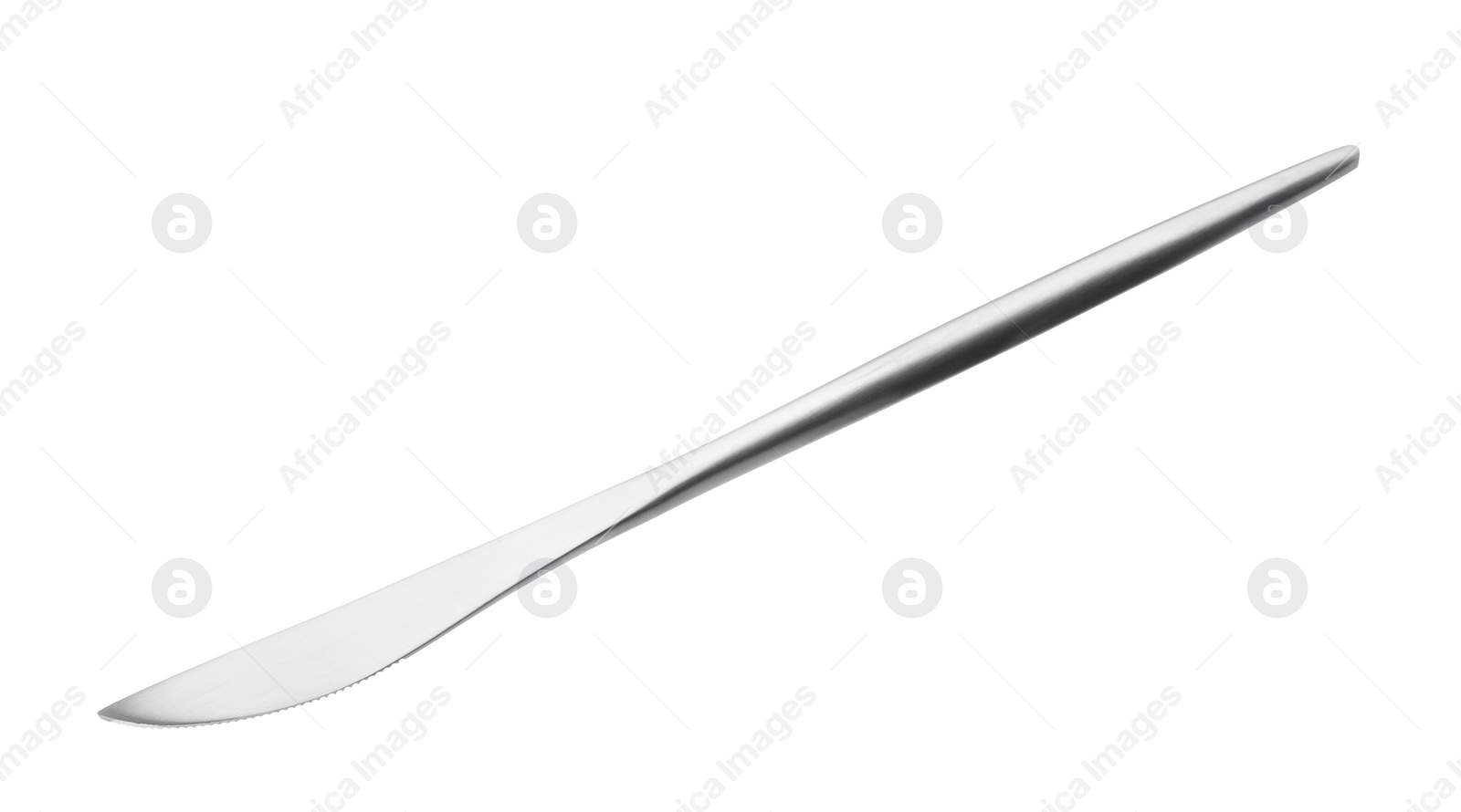 Photo of One silver knife isolated on white. Piece of cutlery