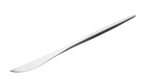 Photo of One silver knife isolated on white. Piece of cutlery