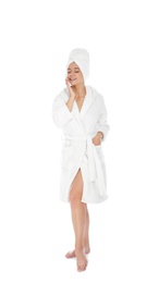 Photo of Full length portrait of young pretty woman in bathrobe with towel on white background