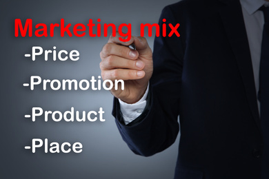 Marketing mix concept. Businessman demonstrating 4P principles, closeup 