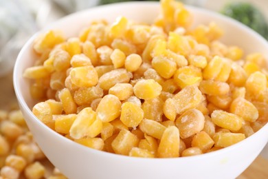 Frozen corn in white bowl, closeup view