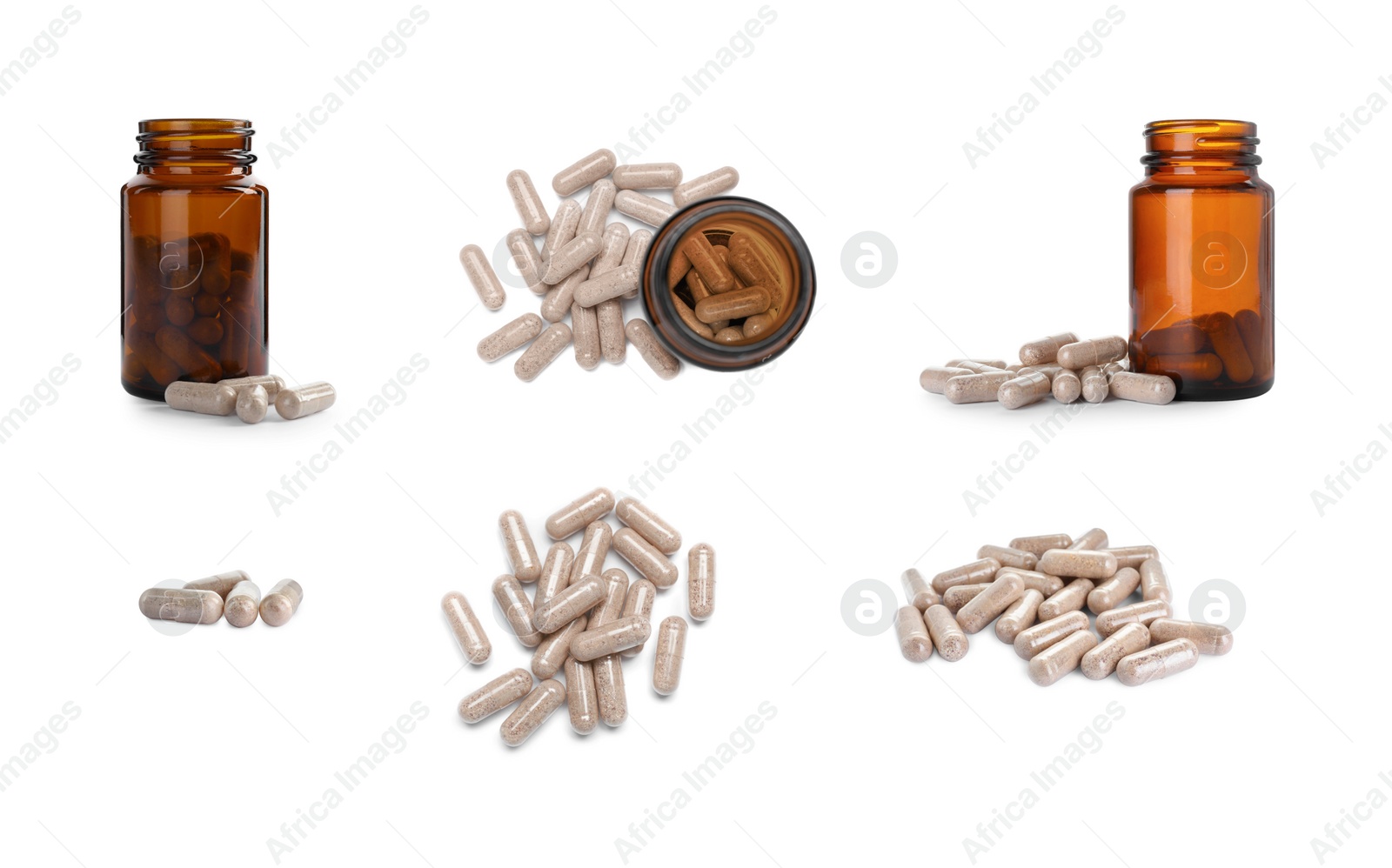 Image of Set with gelatin capsules on white background 