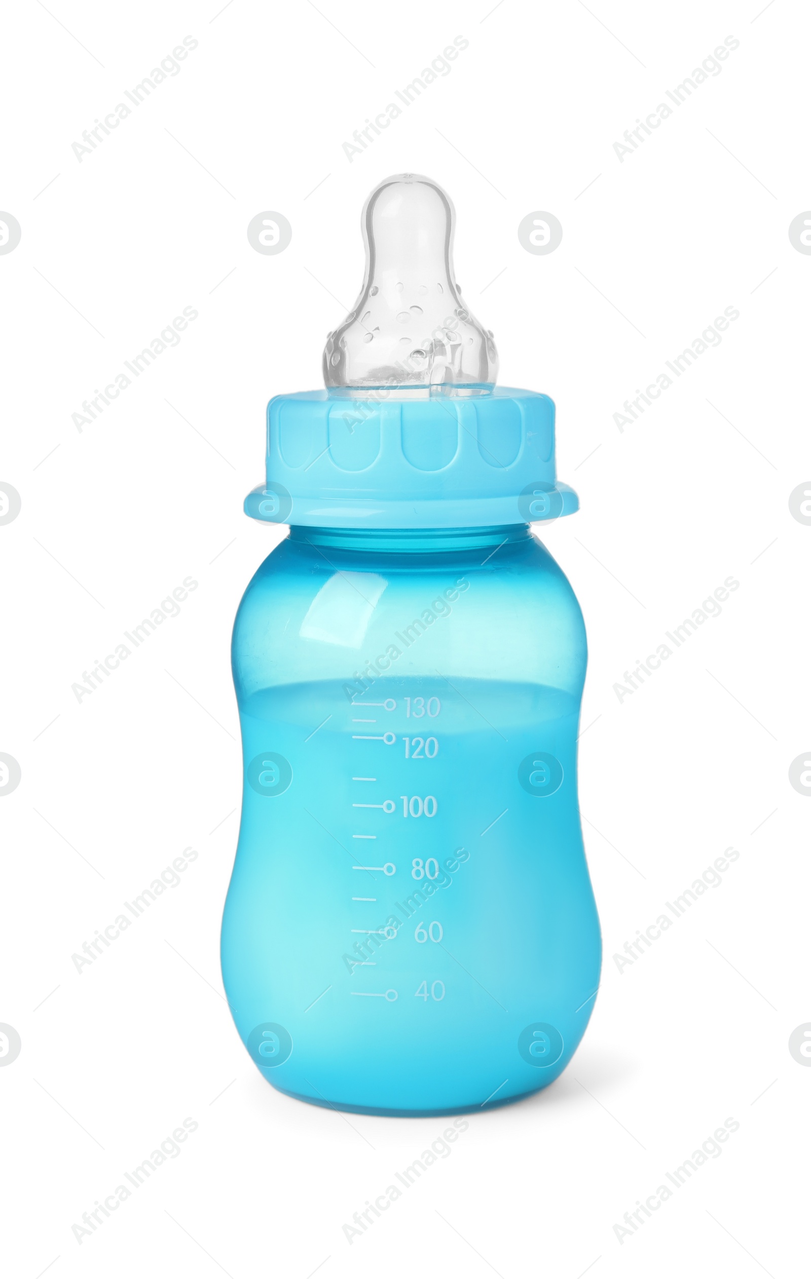 Photo of One feeding bottle with milk on white background