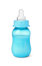 Photo of One feeding bottle with milk on white background