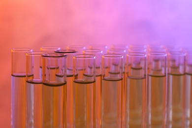 Closeup view of many test tubes with liquid, color tone effect