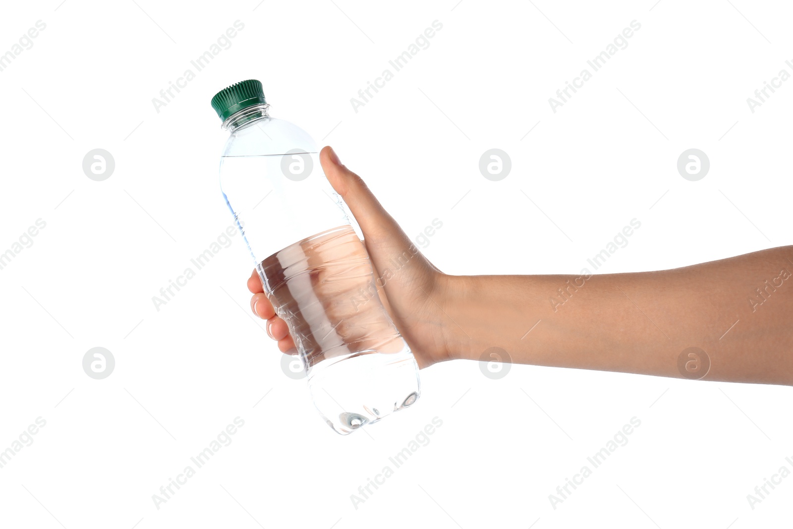 Photo of Woman holding plastic bottle with water on white background