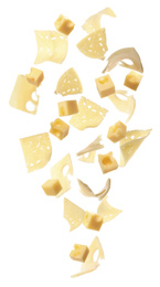 Collage with pieces of cheese falling on white background