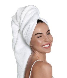 Photo of Beautiful young woman with towel on head against white background