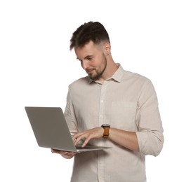 Photo of Handsome man working with laptop on white background