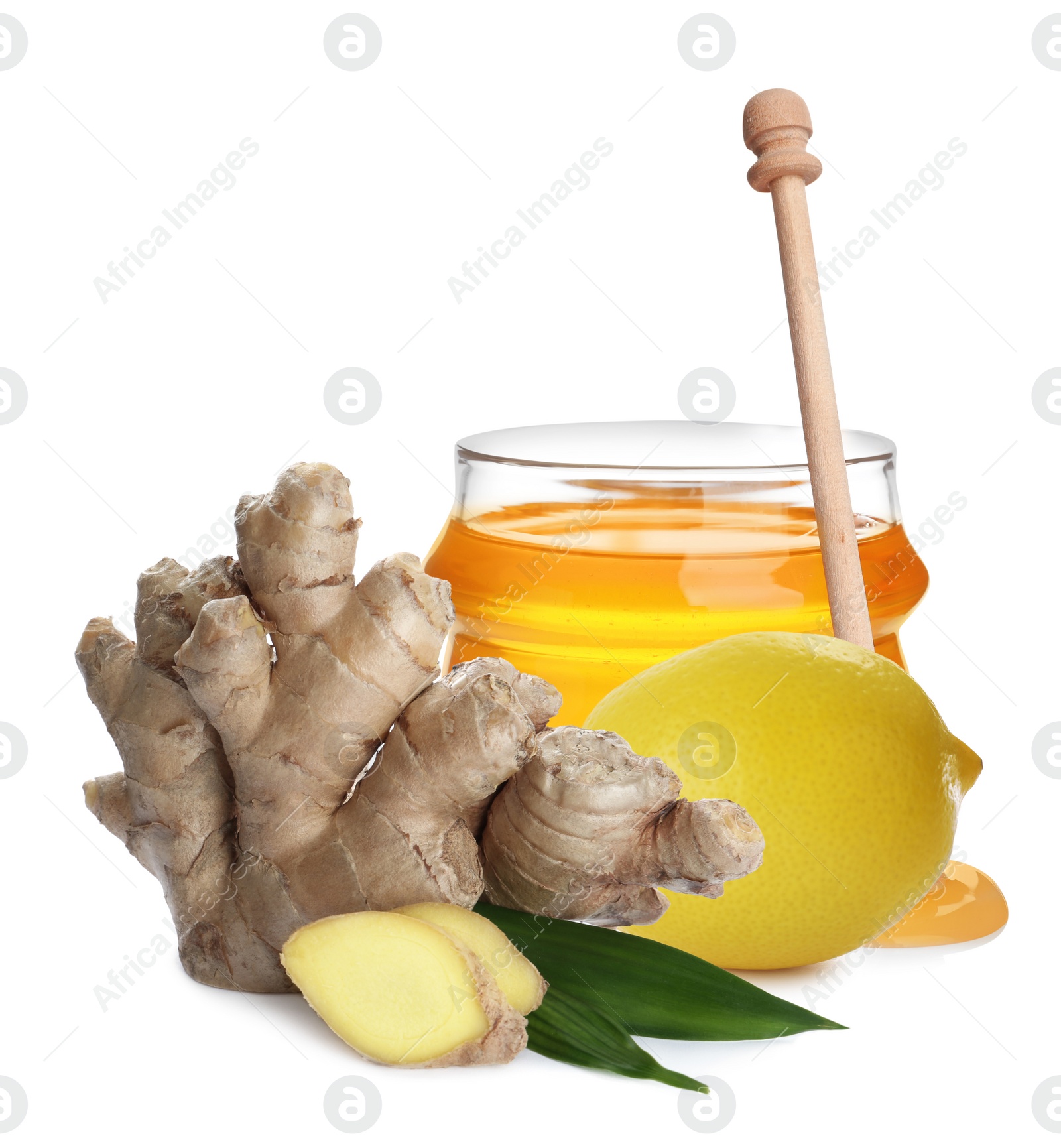 Image of Ginger root, lemon and honey on white background