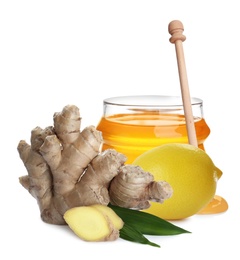 Image of Ginger root, lemon and honey on white background