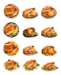 Image of Collection of cooked turkey with different garnishes on white background