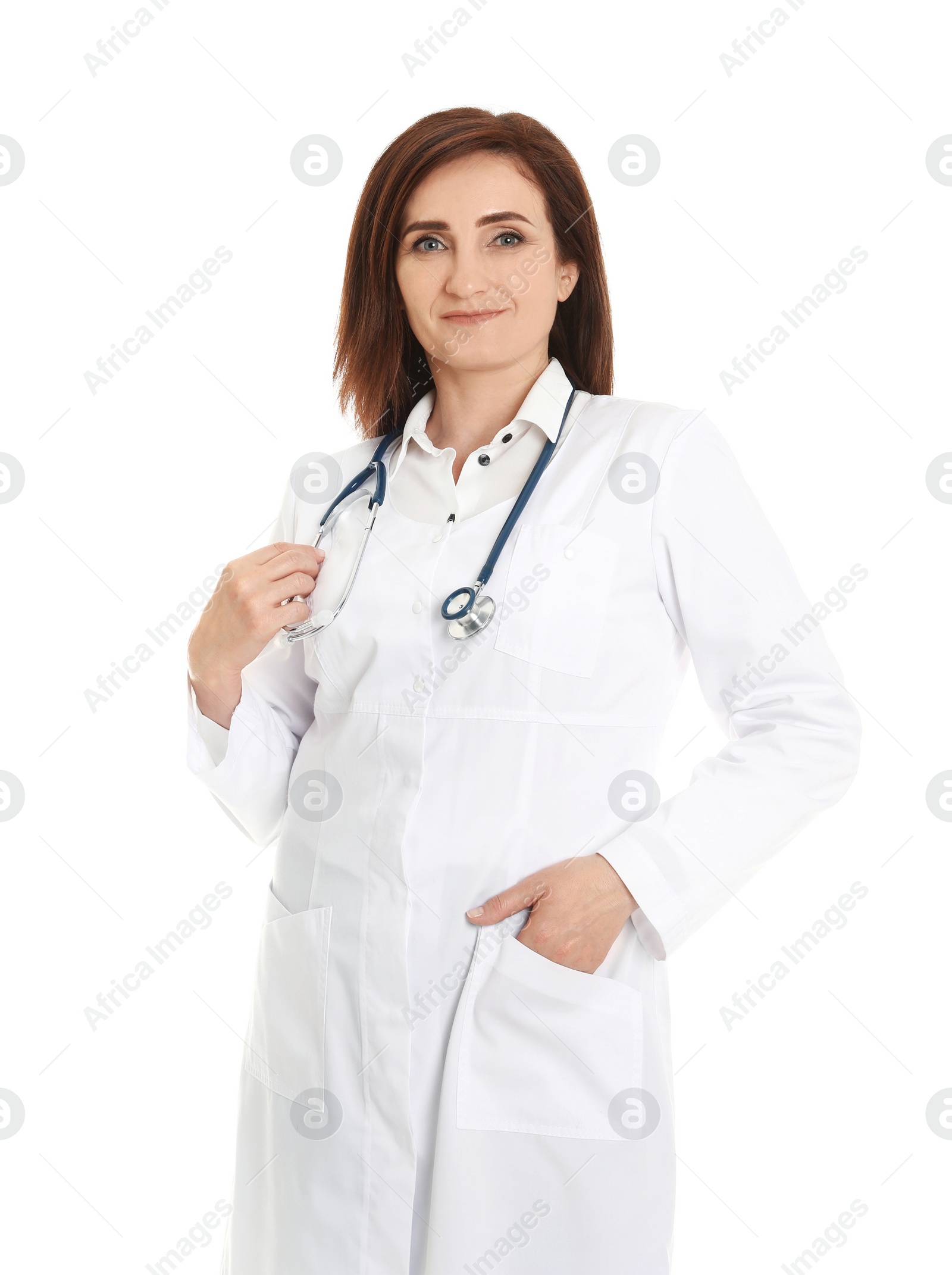 Photo of Portrait of female doctor isolated on white. Medical staff