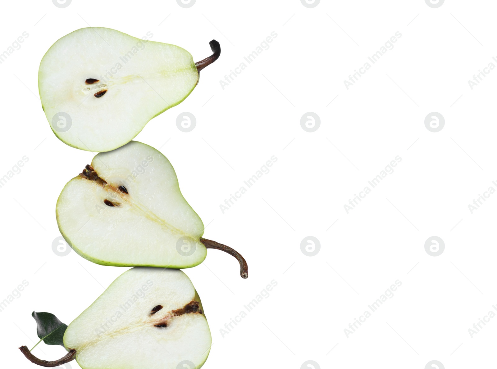 Image of Cut fresh ripe pears on white background