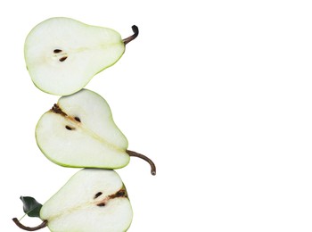 Image of Cut fresh ripe pears on white background